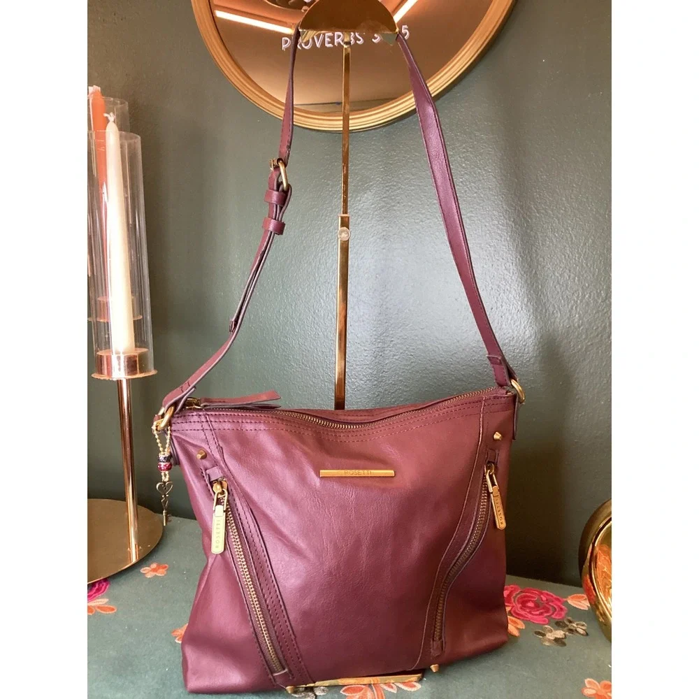 ROSSETTI Burgundy Shoulder Bag Vintage 80s vibes Zipper Accents Adjustable Strap